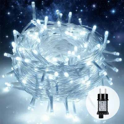 Obrázok produktu pre LED reťaz – zhluk 30 m, 300 LED – vodotesná (IP65) – pre exteriér/interiér – 12 V – zástrčka EÚ – vianočná dekorácia – studená biela