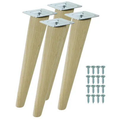 Produktbild von Möbelbeine aus massiver, unbehandelter Eiche, schräge Form, 35 cm, Montagefertiges Set, 4 Stück mit Schrauben