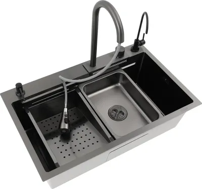 Produktbild von Küchenspüle, Dreischüssel, Wasserfall-Auszieharmatur, schwarz