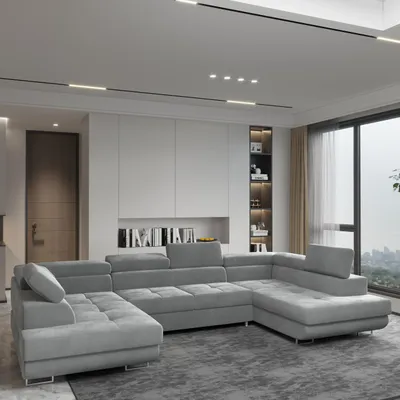 Produktbild von Masseno Ecksofa RAGGIO mit Schlaffunktion U-Form, Sofa mit Bettkasten, Wohnzimmersofa, Couch, Soffa, Bettsofa, Couchgarnitur- Hellgrau, MONOLITH 84