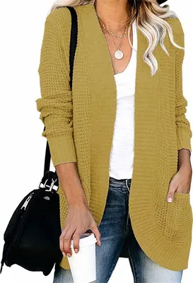 Produktbild von ASKSA Damen lässig Langarm Strickpullover lässigStrickjacke Casual Weicher, Gelb L