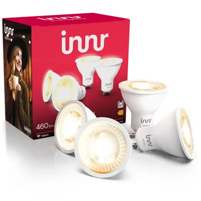 A product shot of a pack of smart LED light bulbs and their packaging.