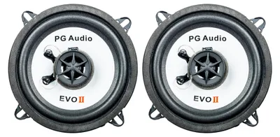 Two car speakers are shown against a white background.