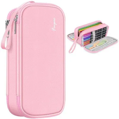 Image de Trousse rembourrée - Grande trousse à 3 compartiments, trousse à crayons, trousse pour l'école et le bureau (rose)