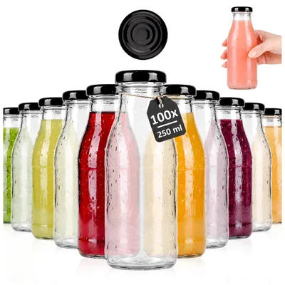 Zdjęcie produktu dla SuperButelki - 100x Butelka szklana SOK 250ml, na soki, nalewki, wodę, wodę 1 sztuka 0,25l z zakrętką, uniwersalne butelki szklane, zestaw butelek