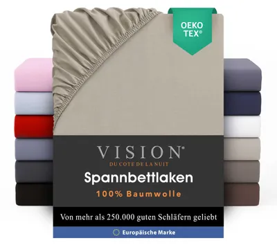 Produktbild von VISION Spannbettlaken – 100% Baumwolle – Doppelbett (180 x 200 cm) – Elastische Ecken – Passend für Matratzen bis zu 30 cm – - – Maschinenwaschbar – Farbe: Beige