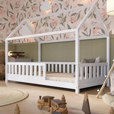 Produktbild von Crazy Pine Hausbett 200x120 cm – Kinderbett aus Naturholz in Weiß – Montessori Bodenbett mit Höhenverstellbaren Beinen - Crazy Blanco