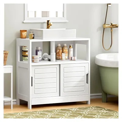 Produktbild von Waschtischunterschrank in Weiß, Waschbeckenunterschrank mit Türen und Ablagen, Badschrank 60 x 30 x 60 cm, Badezimmermöbel