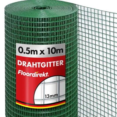 A roll of green wire mesh fencing with a label showing product details.