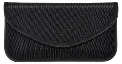 A black signal-blocking pouch is shown against a white background.