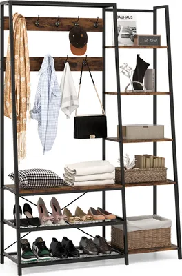 A multi-functional entryway organizer with shelves, hooks, and a bench.