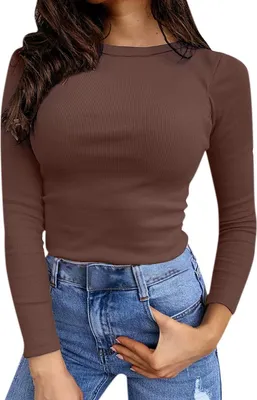 Produktbild von ASKSA Damen Gerippt Langarmshirt Slim Fit Langarm Oberteile Basic T-Shirt Top Pullover, Kaffee, XL