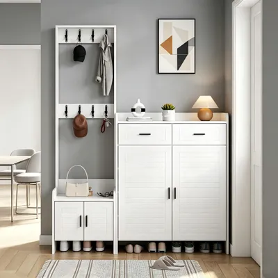 Produktbild von MODFU Flurgarderoben-Set mit Kleiderschrank aus 6 Ablagen und 8 Haken,Schuhschrank aus 2 Schranktüren und 2 Schubladen,Garderoben-Set mit Bank,Weiß