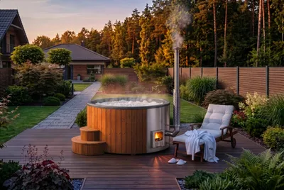 Produktbild von FinnTherm Badefass ScandiTub Classic aus Thermoholz Ø200cm Grau inkl. Ofen