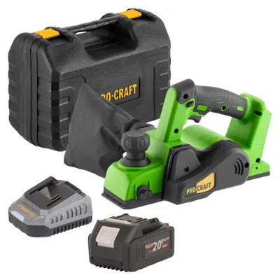 Obrázek produktu pro Akumulátorový hoblík Procraft PE20BLbb 20 V 82 mm bezkartáčový + 1x akumulátor 4,0 Ah + nabíječka + kufr.