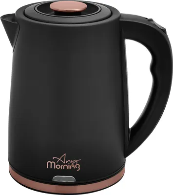 A black electric kettle with copper accents is shown against a white background.