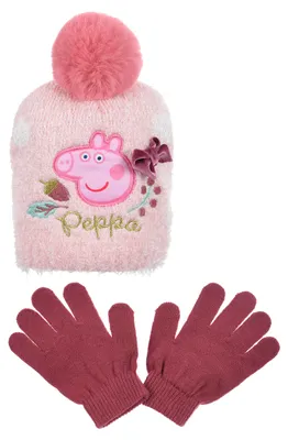 Zdjęcie produktu dla Peppa Pig Wutz dziecięcy komplet zimowy dla dziewczynek czapka zimowa i rękawiczki, Kolor:różowy, Rozmiar:54