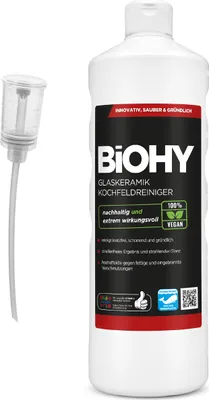 Produktbild von BiOHY Glaskeramik Kochfeldreiniger (1l Flasche) + Dosierer | Optimal zur Reinigung und Pflege von Kochfeld und Induktion | Geeignet für ALLE GERÄTE