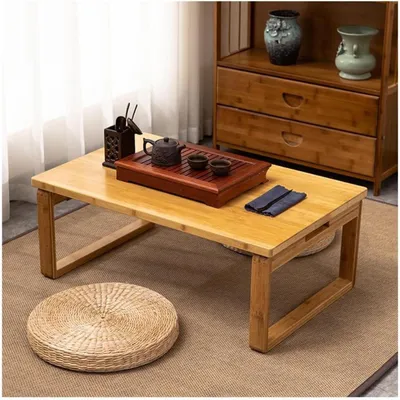 Productafbeelding van Opklapbare bamboe salontafel met verstelbare poten, lage bijzettafel voor de woonkamer, tatami-stijl, natuurlijke uitstraling