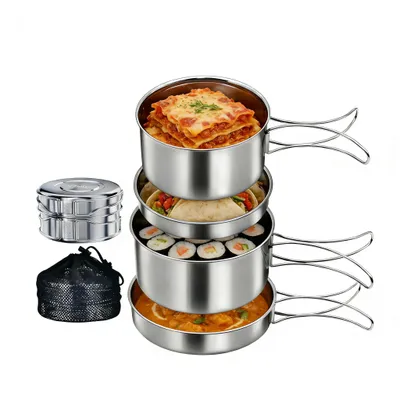 Produktbild von STILVORA Camping Kochset Edelstahl 304 4-teilig,Outdoor Topfset leicht&robust,Camping Geschirr Set,tragbares Kochgeschirr für Camping Wandern Picknick