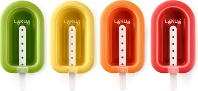 Four colorful popsicle molds are lined up against a white background.