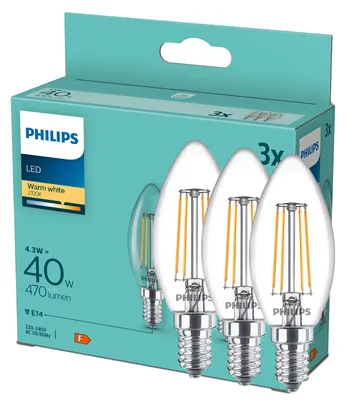 Zdjęcie produktu dla Philips Świeczka żarnikowa przezroczysta 40 W B35 E14 x3, 4,3 W, 40 W, E14, 470 lm, 15000 h, Ciepłe białe