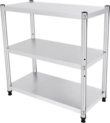 Productafbeelding van 3-laags roestvrijstalen keukenrek, 80 x 80 x 40 cm, modulaire plankenset, geschikt voor professioneel gebruik met een draagvermogen van 50 kg, metalen rek voor keuken/horeca/voorraadkamer/restaurant/werkplaats