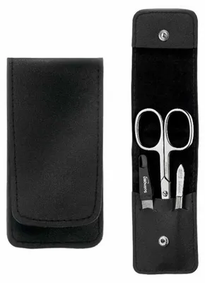 Produktbild von Solingen Maniküre-Set 3-teilig mit rostfreier Nagelschere, Saphir-Nagelfeile (grob/fein) und Etui aus echtem Leder.