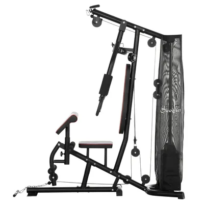 Produktbild von HOMCOM Kraftstation, Multifunktionale Fitnessstation mit Latzug- & Butterflystange, Hantelbank, Brustpresse, Curler, Fitnessgerät mit 45 kg