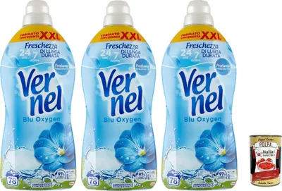 Produktbild von Vernel Blu Oxygen Ammorbidente concentrato, Weichspüler, parfümierte konzentrierte Waschmaschine, intensive Frische und Weichheit, 3x 1,9 -Liter XXL -Verpackung + Italian Gourmet polpa 400g