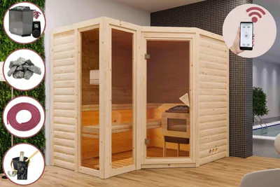 Produktbild von Karibu Sauna Innensauna Heimsauna ALISA Sparset 237x185 cm inkl. 9kw Ofen mit HUUM Wifi (App fähig) Steuerung