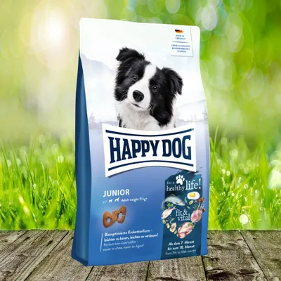 A bag of dog food is shown in a grassy outdoor setting with bokeh effects.