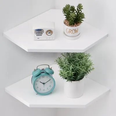 Produktbild von PromoHome® Eckregale Set aus 2 – Schwebende Wandregale aus Eichenholz, Weiß, 30x48x5 cm