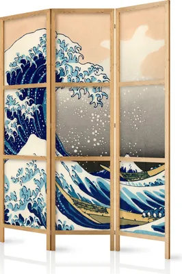 Produktbild von Paravent die große Welle vor Kanagawa 135x171 cm - 3-teilig - einseitig - eleganter Sichtschutz - Raumteiler - Trennwand - Raumtrenner - Holz - Design Motiv - Deko - Japan p-B-0025-z-b