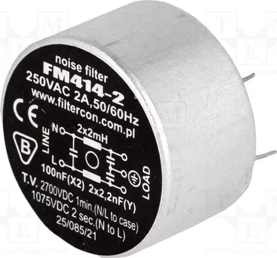Obrázok produktu pre 1x Filter: Kondenzátor na potlačenie rušení, kapacita: 2,2 nF, indukčnosť: 2 mH, napätie: 250 VAC, montáž: prepájkovateľný (THT), typ: FM414-2, filter na potlačenie rušení