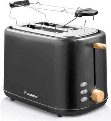 Produktbild von Bestron Toaster für 2 Toastscheiben, inkl. Brötchenaufsatz, 7 Bräunungsstufen & Krümelschublade, 800 Watt, Black & Wood-Design, Farbe: Schwarz / Holz