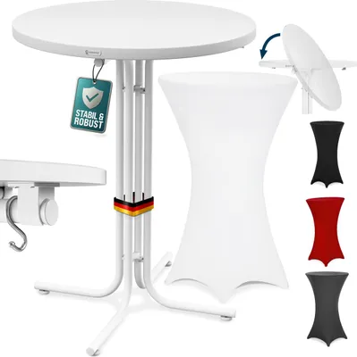 Image de CASARIA® Table haute pliable blanche avec housse blanche mange debout 110 cm bar bistrot jardin 2 crochets inclus