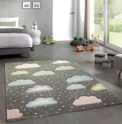 Produktbild von Teppich Kinderzimmer Kinderteppich Wolken grau rosa blau Größe - 160 cm Rund