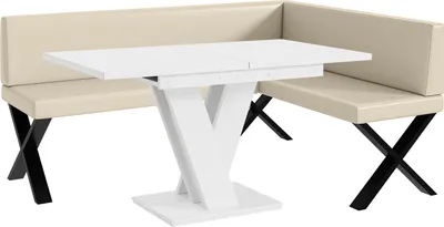 Produktbild von MEBLINI Eckbank für Esszimmer mit ausziehbarem Tisch  - Küchenbank - Essecke - Sitzecke Küche - TONI - X-Beine 128x168x87cm Rechts - Creme Kunstleder/M Weiß Matt