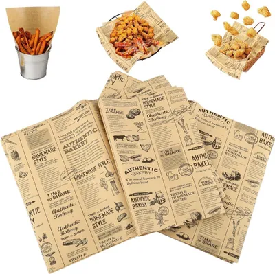 Produktbild von 100 Blätter Ölfeste Lebensmittelverpackung 28x38cm in Zeitungsoptik - Deli Wrap für Burger, Sandwiches & Kuchen