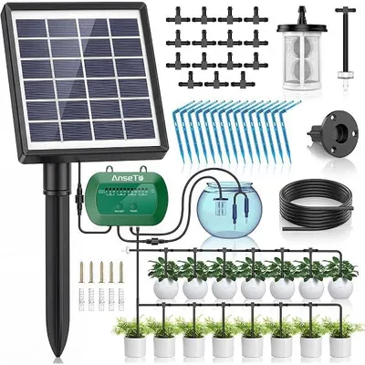 Produktbild von Solar Bewässerungssystem für Balkon Garten Gewächshäuser Automatische Bewässerungssystem Bewässerungscomputer für Pflanzen und Topfpflanzen, Ausgestattet mit 12 Bewässerungsmodi und 15 Tropfern