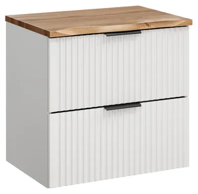 Produktbild von Badezimmer Waschtischunterschrank mit 60 cm Breite in weiß matt & Eiche, gerillte Front, Waschtischplatte mit Baumkantenoptik - ADELAIDE-56-WHITE