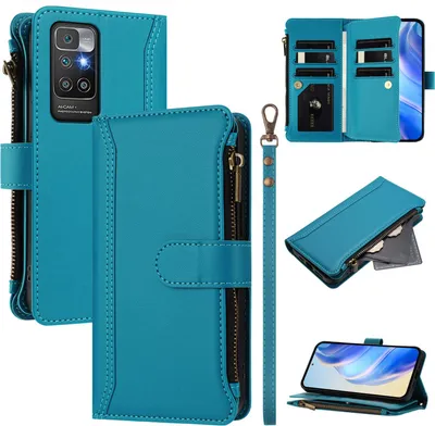 Obrázek produktu pro Pouzdro pro Xiaomi Redmi 10 4G, zipem, peněženkovéPolyuretankožené flip pouzdro s kapsami na karty, stojánkem a poutkem na ruku Jezerní modrá