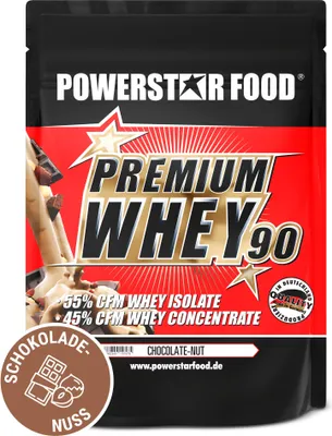Produktbild von Powerstar PREMIUM WHEY 90 | 90% Protein i.Tr. | Whey-Protein-Pulver 850 g | 55% CFM Whey Isolat & 45% CFM Konzentrat | Eiweiß-Pulver Chocolate Nut