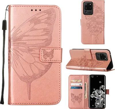 Produktbild von Galaxy S20 Ultra Hülle, Schmetterling Prägung Flip Leder Kartenfächer Schutzhülle Ledertasche mit Ständer für Samsung Galaxy S20 Ultra Roségold