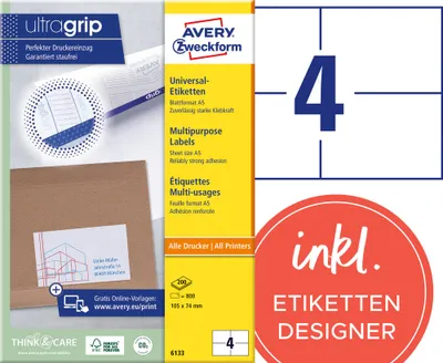 Produktbild von Avery Zweckform 6133 Universal-Etiketten, A5 quer mit ultragrip,  105 x 74 mm, weiß