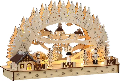 Produktbild von Monzana Schwibbogen Weihnachten Batteriebetrieben Timer Kabellos Holz LED Beleuchtung Deko Lichterbogen Weihnachtsdeko Schwippbogen , Variante:Winterdorf