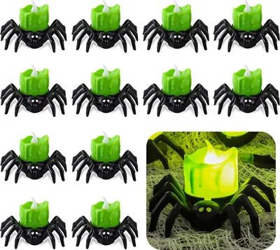 Obrázek produktu pro Sada 12 LED svíček ve tvaru pavouka na Halloween v zelené barvě