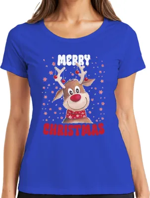 Produktbild von Merry Christmas Reh Rentier Süß - Weihnachten Xmas Christmas Damen T-Shirt, Blau, M