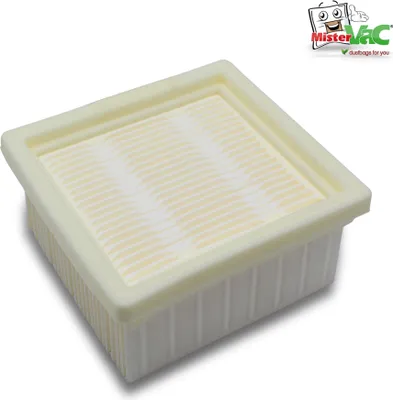 A square-shaped vacuum cleaner filter with a pleated surface, presented on a white background.